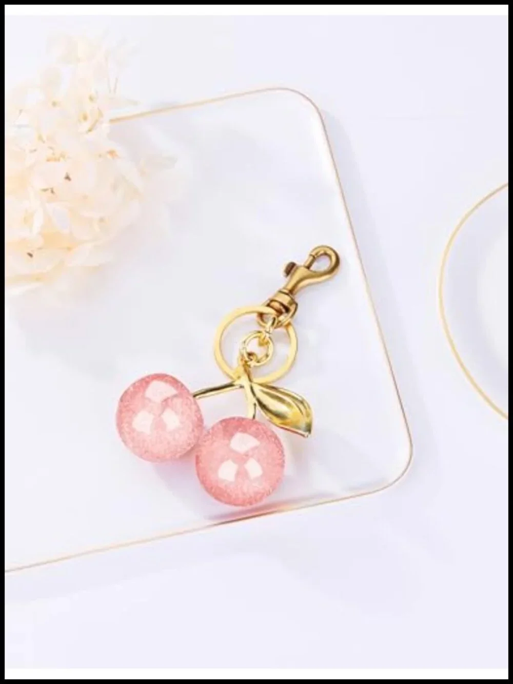 Sparkling Resin Cherry Bag Charm Keychain Cute Purse Accessory Glitter Gold
